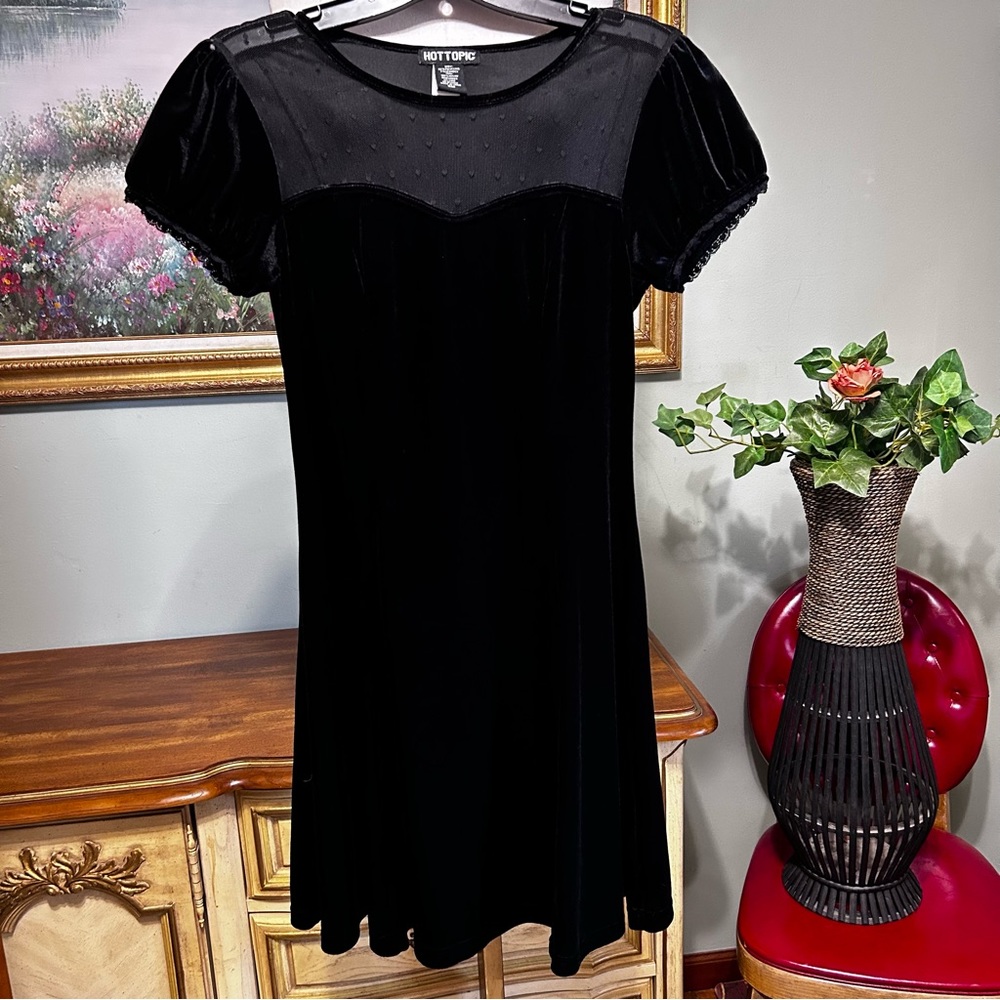 Hot Topic Black Velvet Cap Sleeve Sheer Polka Dot Mesh Front Dress